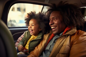 The concept of adventure and road trips by car. Generated by AI. A man and a little boy went on vacation. Father and son spend time together. Afro american family.