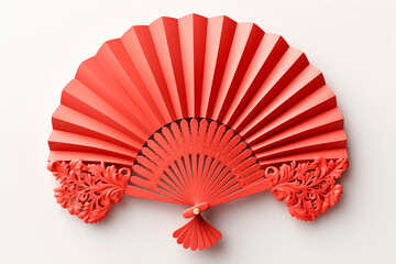 Red paper Hand fan on white background. Traditional lunar new year paper fan.