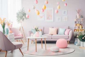 Stylish interior of light living room in pink color with sofa, armchair and Easter decor.