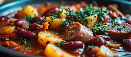 Sausage, potatoes, and red beans in goulash soup. - obrazy, fototapety, plakaty