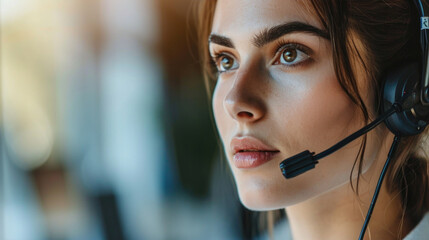  a young woman with a hands-free headset, giving a realistic look into the world of call center work.