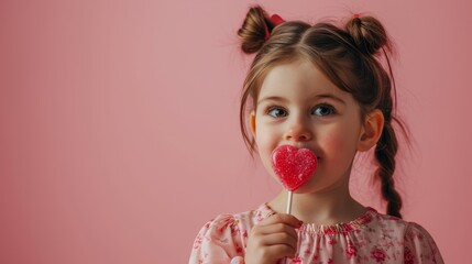 Cute girl  holding lollipop candy on pink background, space for text, St. Valentine's Day