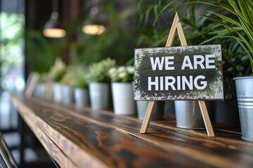 We are hiring sign on a wooden long table.
