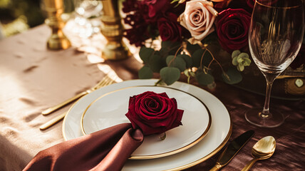 Wedding and event celebration tablescape with flowers, formal dinner table setting with roses and wine, elegant floral table decor for dinner party and holiday decoration, home styling