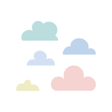 Collection of cartoon clouds in soft pastel colors isolated on white background.