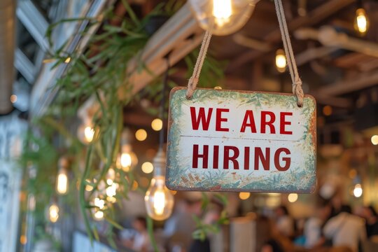 We are hiring sign hanging on the restaurant wall