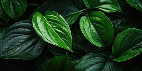 Obraz premium Closeup green leaves background, Overlay fresh leaf pattern, Natural foliage textured and background