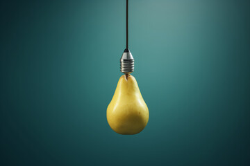 Light bulb in shape of pear on blue background. Minimal creative concept. ECO energy idea concept. - obrazy, fototapety, plakaty