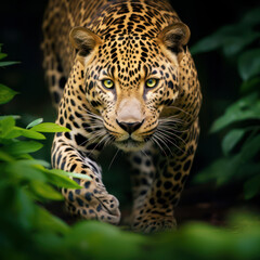 Obraz premium leopard sneaking through forest.