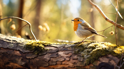 A robin from Eurasia resting on tree trunks