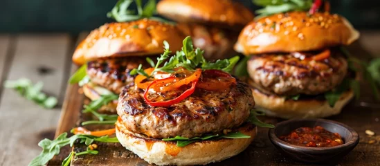 Outdoor kussens Grilled turkey burgers with sweet chili sauce © 2rogan