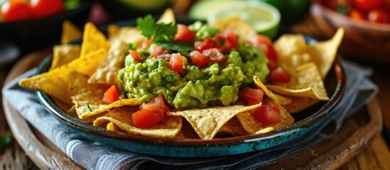 Rustic-style Mexican guacamole and nachos on a plate.