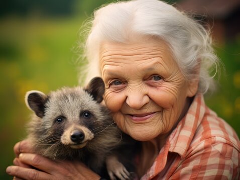 photo of happy senior woman holding a raccoon closeup.