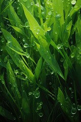 Obraz premium Green grass leaf with small water drops background