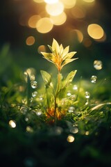 Green grass leaf with small water drops background