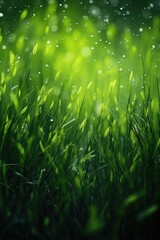 Obraz premium Green grass leaf with small water drops background