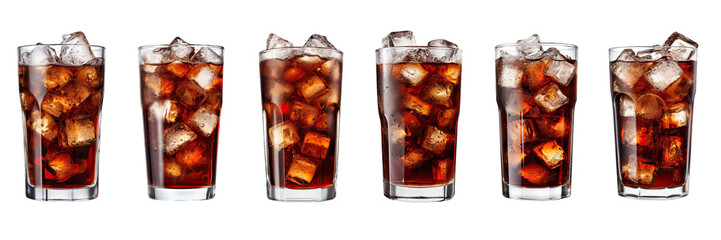 Collection of PNG. Coke in glass, front view or high angle shot Coca Cola with ice and drinking, isolated on a transparent background. - obrazy, fototapety, plakaty