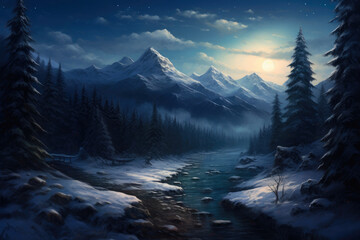 Enchanting Snowscape: Moonlit Route