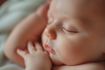 Close up of cute newborn baby sleeping in bed, newborn baby health care concept