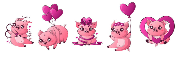 Set of Kawaii pig in love in different funny poses. Simple dynamic valentines character happy farm animal