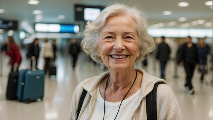 Cheerful elderly woman in airport, white hair, wearing a comfortable jacket, with bustling airport crowd behind.