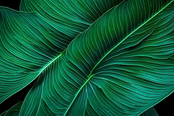 Close-up detail macro texture bright blue green leave tropical forest plant spathiphyllum cannifolium in dark nature background.Curve leaf floral botanical abstract desktop wallpaper,website backdrop