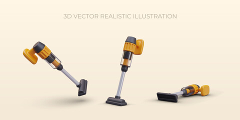 Realistic water vacuum cleaner in different positions. Modern room cleaning equipment. Easy cleaning concept. Vector illustration in 3d style with yellow background - obrazy, fototapety, plakaty