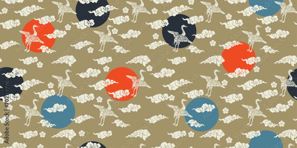 Poster golden background and white shapes of clouds and cranes. japanese motive. asian seamless pattern wit