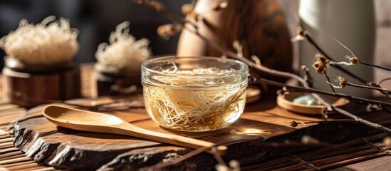 Fototapeta na wymiar Transparent glass container with bird's nest soup, wooden spoon, bird's nests on podium - promotes anti-aging and benefits skin.