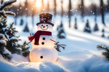 Obraz premium Within a winter scenery, a happy snowman radiates warmth and joy, illuminated by perfect lighting that brings out every delightful detail.