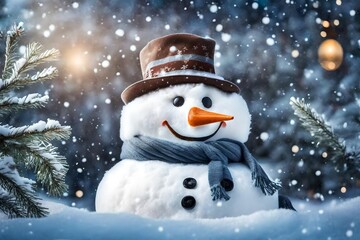 Fototapeta premium Within a winter scenery, a happy snowman radiates warmth and joy, illuminated by perfect lighting that brings out every delightful detail.