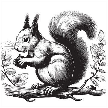 small furry squirrel with a big tail and fir cones sketch hand-drawn ink vector illustration
