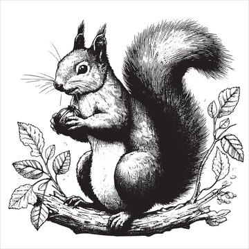 Old engraved illustration of squirrel eating nut