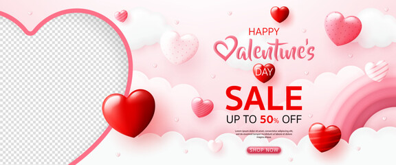 3D Happy valentine’s day sale banner template. special discount promotion sale offer with pink rainbow, sweet heart background for valentine online shop, store, advertising, web and social media post