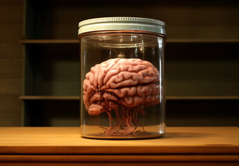 Cerebral Containment - Brain Specimen in Glass Jar - obrazy, fototapety, plakaty