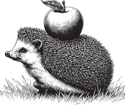 Hedgehog and apple. Ink black and white illustration of a cute hedgehog with an apple on its bag