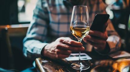 Close up of male hands holding a phone and a glass of wine at the bar, restaurant on the dining table - Powered by Adobe