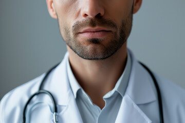 Young male doctor, close-up portrait in healthcare setting.