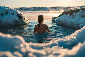Woman ice bathing through a hole in the ice on a frozen lake, a health and wellness practice. - obrazy, fototapety, plakaty