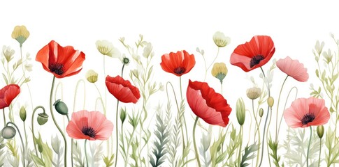 Fototapeta premium Vibrant Watercolor Poppy Border Art - A Symphony of Red in Bloom. Generative AI