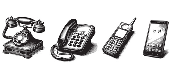 evolutionary phone dialing sketch retro style isolated on white background - obrazy, fototapety, plakaty