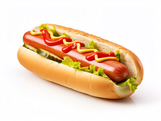 Hot dog with ketchup and mustard on white