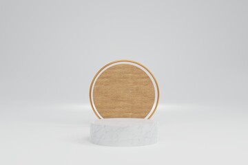 Luxury round wood platforms, white background interior in clean and bright with shadow background,  cosmetic product