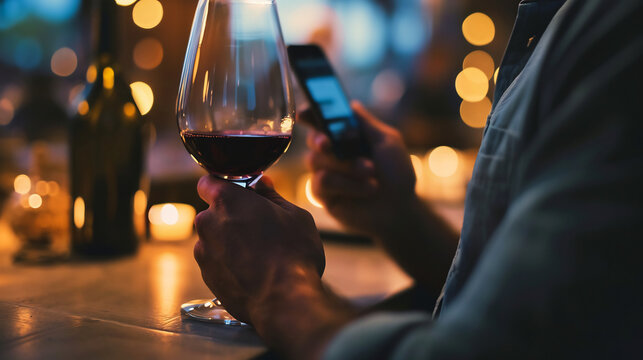 Close Up Of Male Hands Holding A Phone And A Glass Of Wine At The Bar, Restaurant On The Dining Table