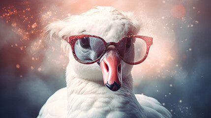 White swan bird in sunglasses - obrazy, fototapety, plakaty