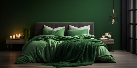 Interior bedroom with bed covered in emerald green sheets on the side of lamp and window and cushions green wall with copy space with green background - obrazy, fototapety, plakaty