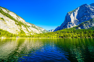 Landscape at Lake Altaussee in the Salzkammergut in Austria. Idyllic nature by the lake in Styria....