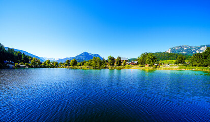 Landscape at Lake Altaussee in the Salzkammergut in Austria. Idyllic nature by the lake in Styria....