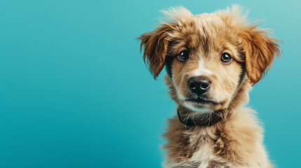 Portrait of a cute puppy dog happy expression is sitting isolated on blue background. Concept of motion, and movement.