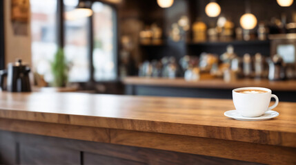 Cozy Coffee Shop Scene with Rustic Wooden Table for Mockups and Product Displays